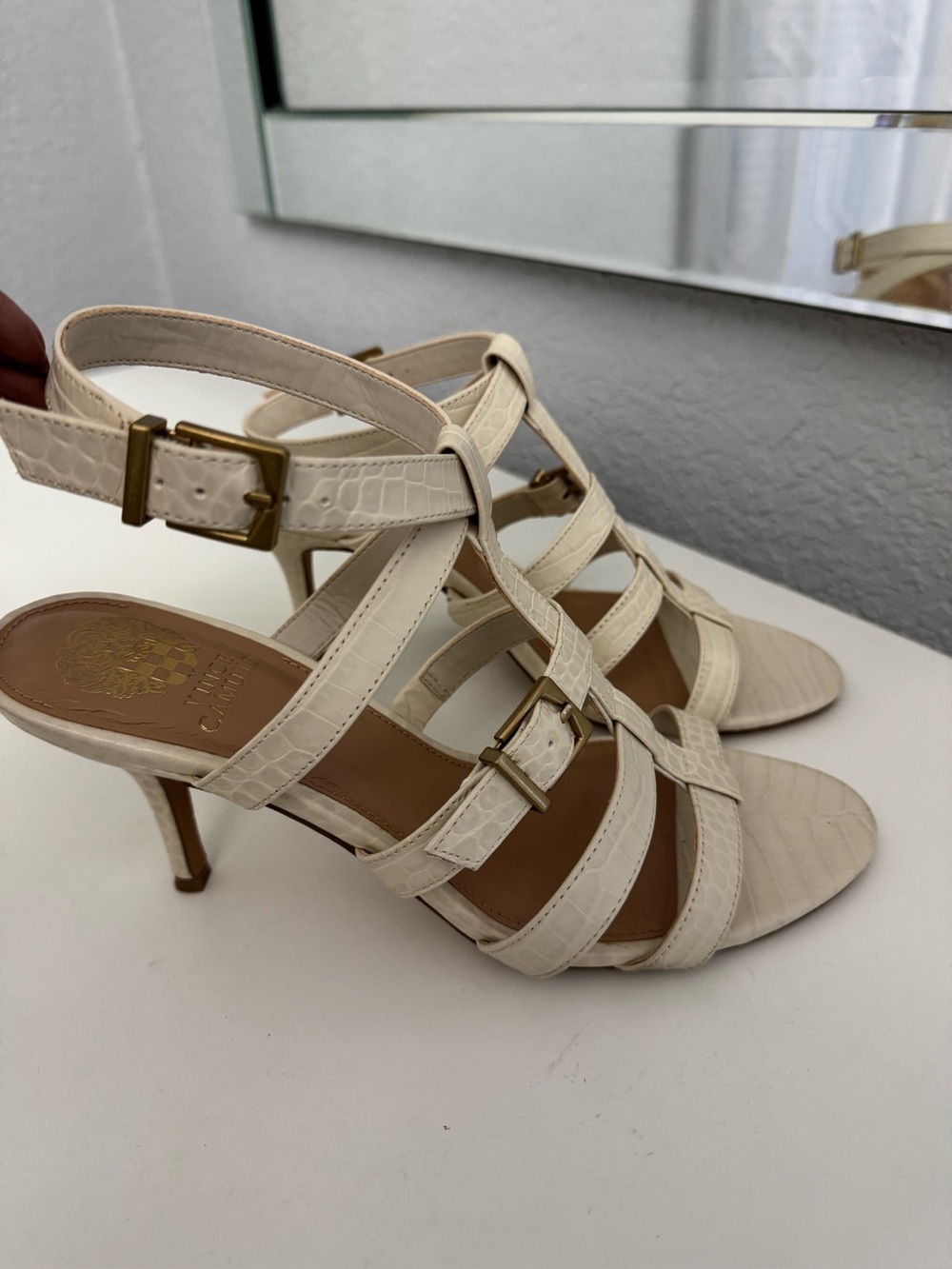 Vince Camuto Elegant Cream Strappy Heeled Sandals with Croc Texture